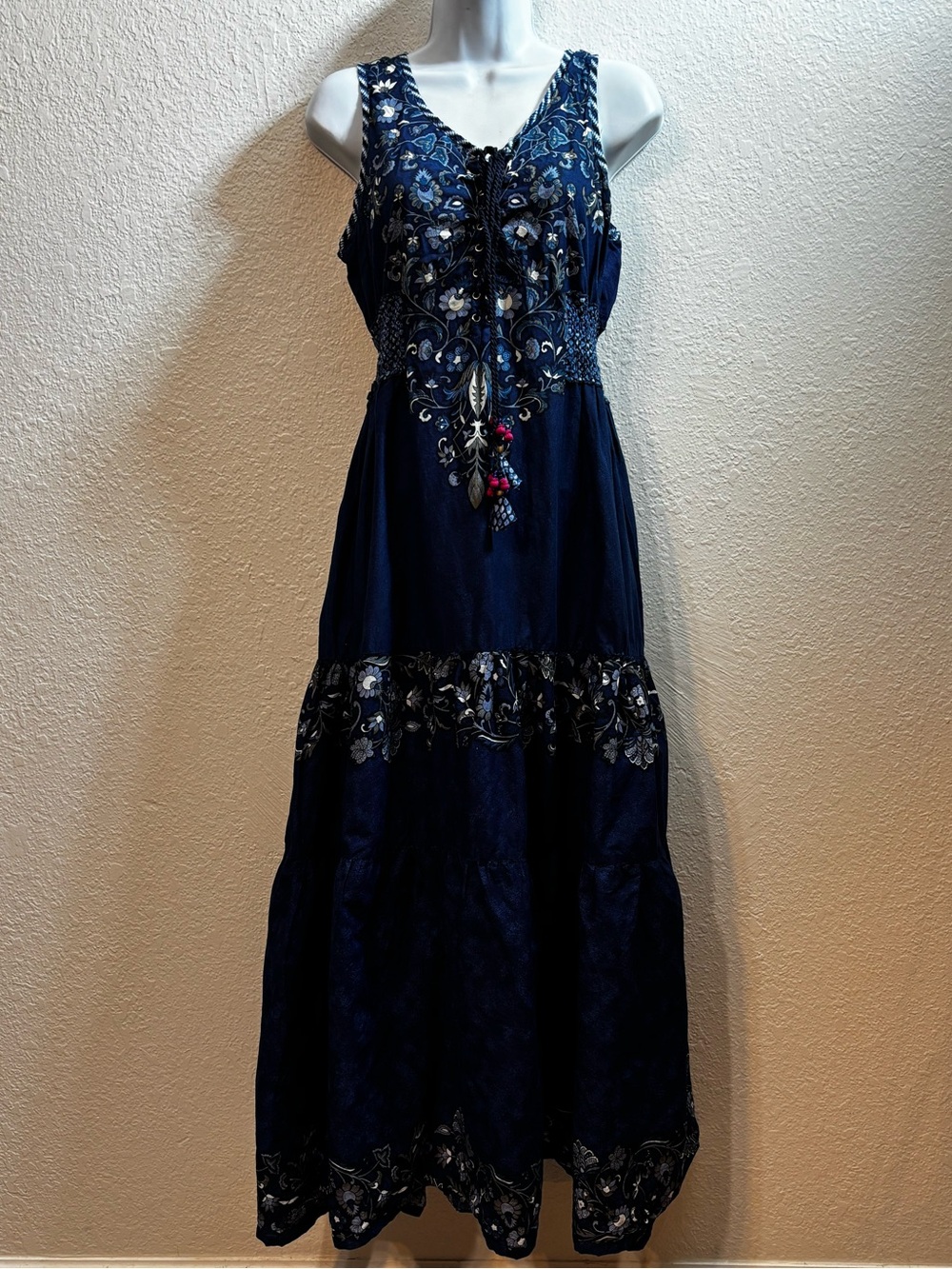 Biba Navy Boho Tiered Lace Up Maxi Dress Size 34 (Small)